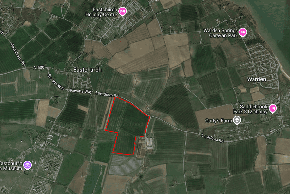 Google Maps screenshot of proposed site for Old Rides, indicating a field South East of the village outlined in red